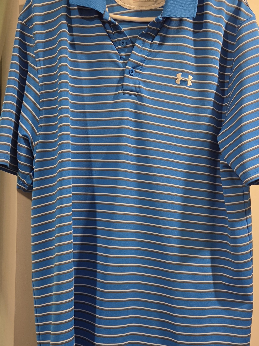 Under Armour Men’s Light Blue and White Striped Performance Polo